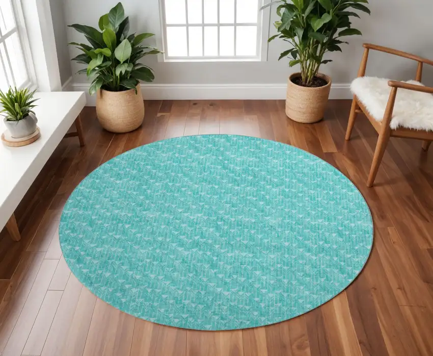 8' Teal And Ivory Geometric Washable Round Rug With UV Protection Photo 3