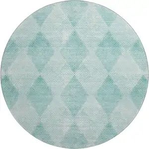 Photo of 8' Teal And Ivory Geometric Washable Round Rug With UV Protection