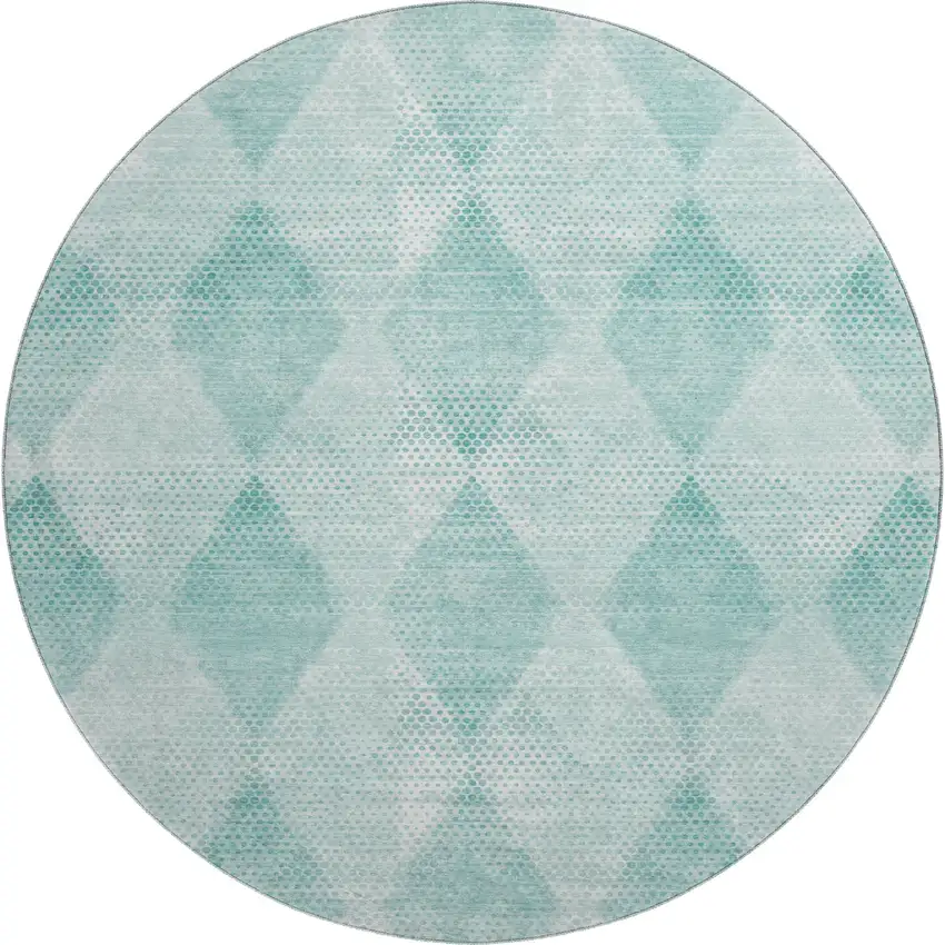 8' Teal And Ivory Geometric Washable Round Rug With UV Protection Photo 1