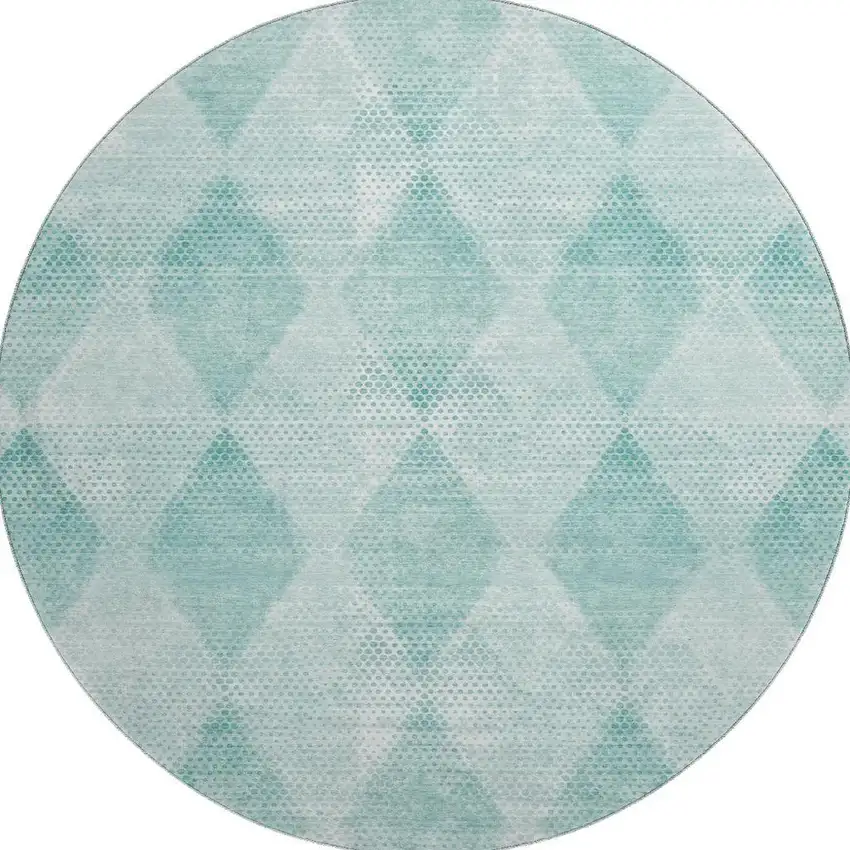 8' Teal And Ivory Geometric Washable Round Rug With UV Protection Photo 4
