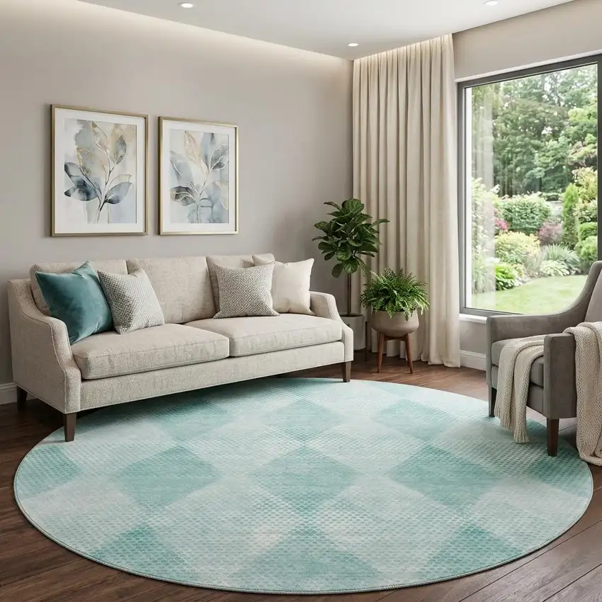 8' Teal And Ivory Geometric Washable Round Rug With UV Protection Photo 1