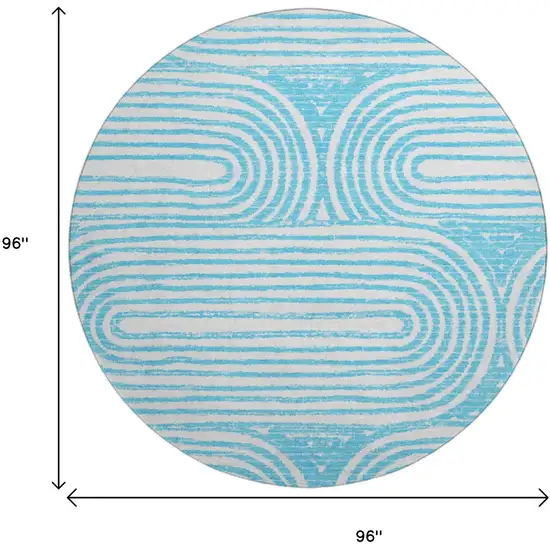 8' Teal And Ivory Geometric Washable Round Rug With UV Protection Photo 9