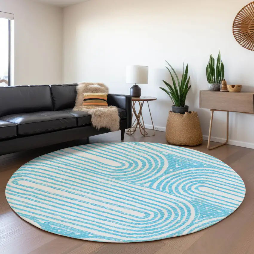 8' Teal And Ivory Geometric Washable Round Rug With UV Protection Photo 4