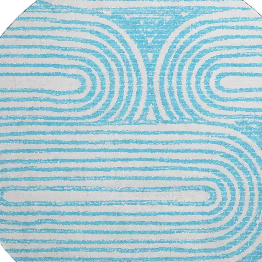 8' Teal And Ivory Geometric Washable Round Rug With UV Protection Photo 2