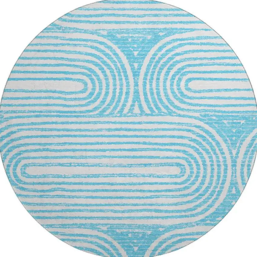 8' Teal And Ivory Geometric Washable Round Rug With UV Protection Photo 3