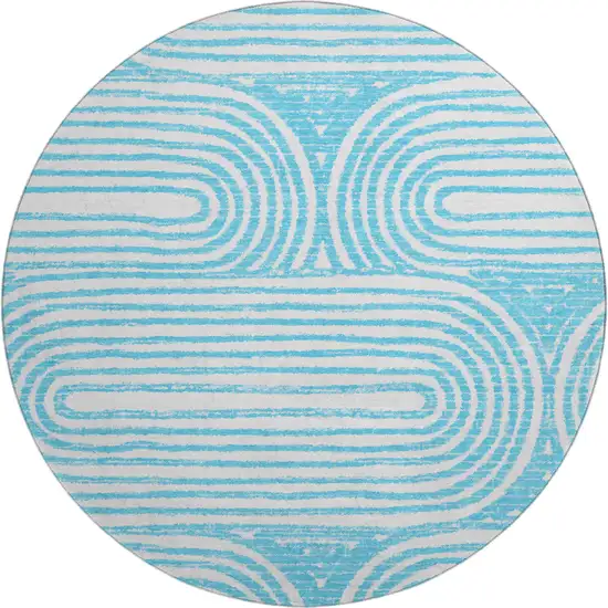 8' Teal And Ivory Geometric Washable Round Rug With UV Protection Photo 1