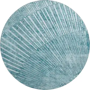 Photo of 8' Teal And Ivory Geometric Washable Round Rug With UV Protection