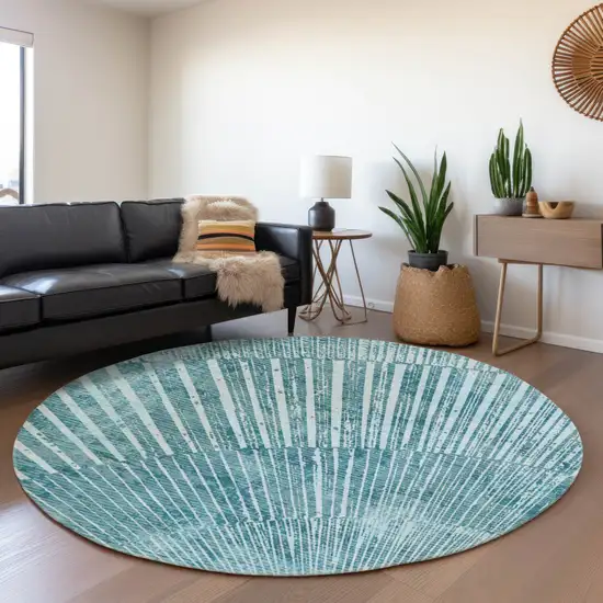 8' Teal And Ivory Geometric Washable Round Rug With UV Protection Photo 5