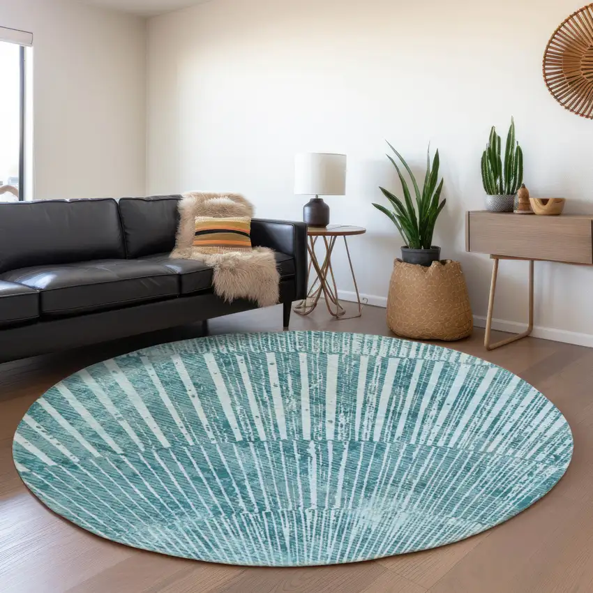 8' Teal And Ivory Geometric Washable Round Rug With UV Protection Photo 5