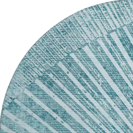 8' Teal And Ivory Geometric Washable Round Rug With UV Protection Photo 4