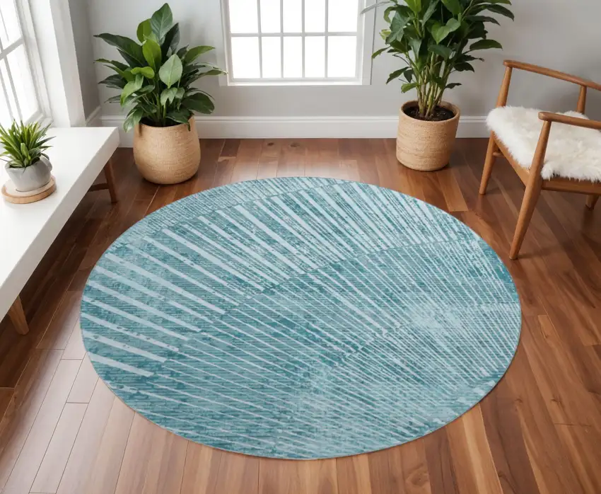 8' Teal And Ivory Geometric Washable Round Rug With UV Protection Photo 2