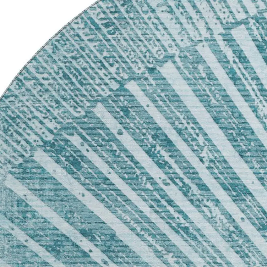 8' Teal And Ivory Geometric Washable Round Rug With UV Protection Photo 3