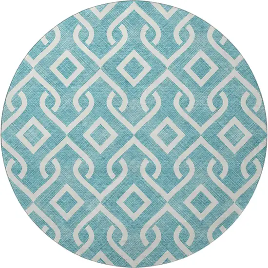 8' Teal And Ivory Geometric Washable Round Rug With UV Protection Photo 4