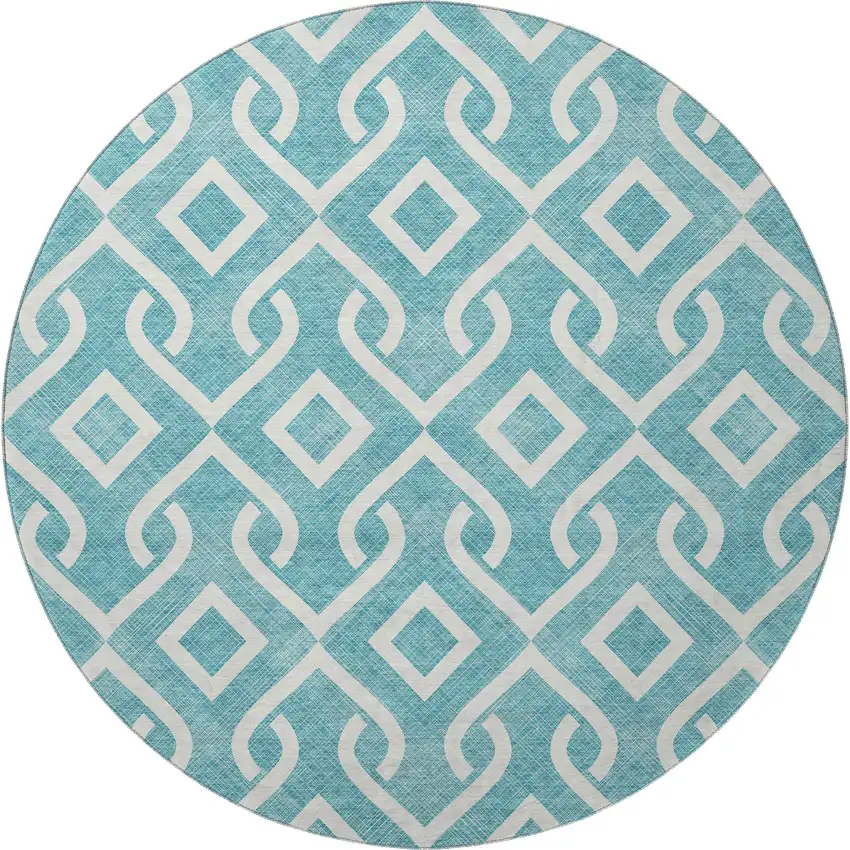 8' Teal And Ivory Geometric Washable Round Rug With UV Protection Photo 4