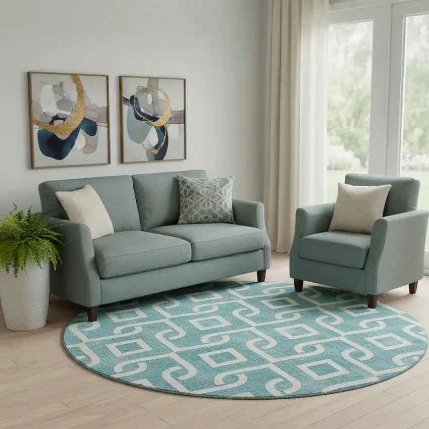 8' Teal And Ivory Geometric Washable Round Rug With UV Protection Photo 1