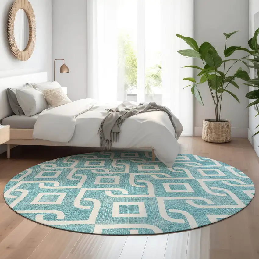 8' Teal And Ivory Geometric Washable Round Rug With UV Protection Photo 5
