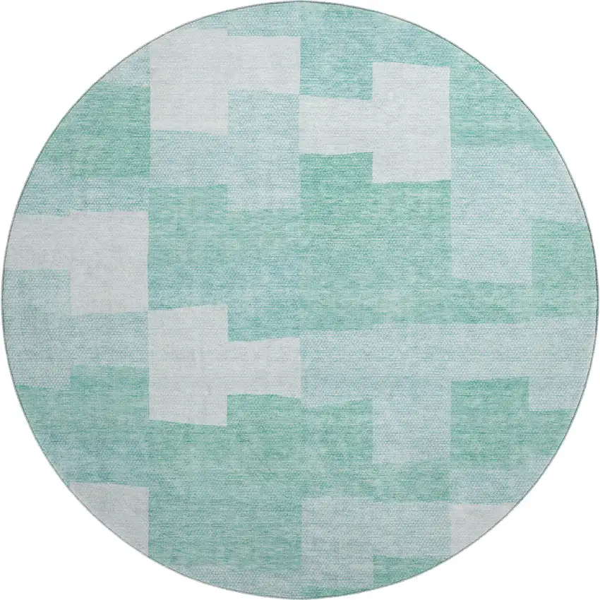 8' Teal And Ivory Geometric Washable Round Rug With UV Protection Photo 1