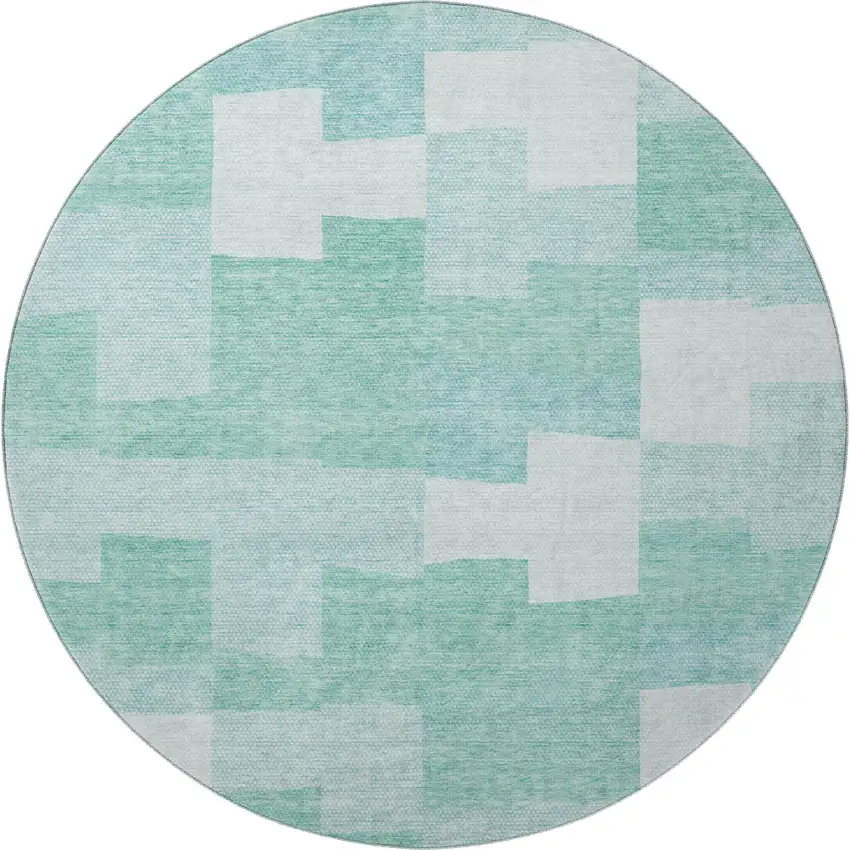 8' Teal And Ivory Geometric Washable Round Rug With UV Protection Photo 2