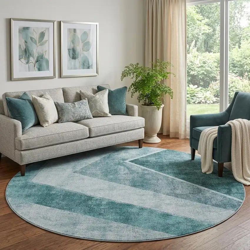 8' Teal And Ivory Geometric Washable Round Rug With UV Protection Photo 1