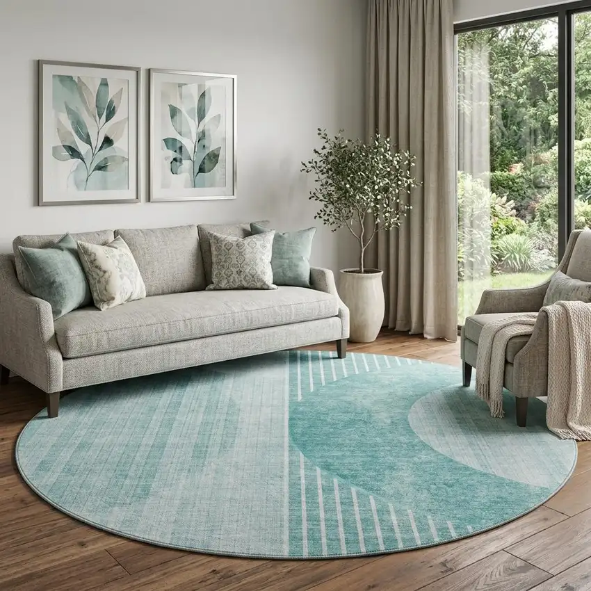 8' Teal And Ivory Geometric Washable Round Rug With UV Protection Photo 1