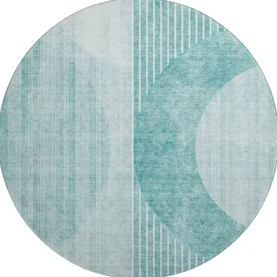 8' Teal And Ivory Geometric Washable Round Rug With UV Protection Photo 3