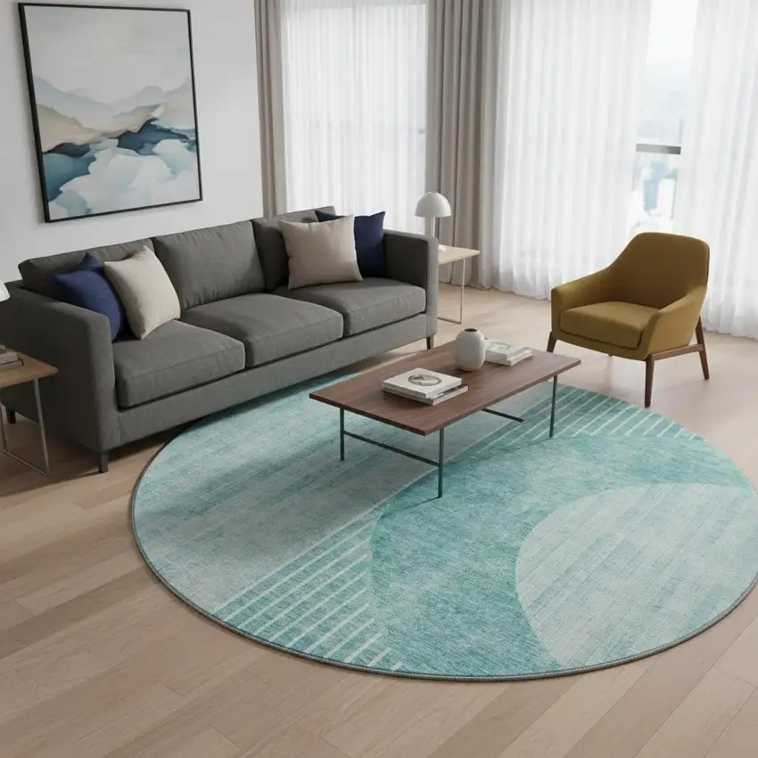 8' Teal And Ivory Geometric Washable Round Rug With UV Protection Photo 2