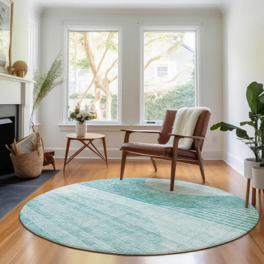 8' Teal And Ivory Geometric Washable Round Rug With UV Protection Photo 5