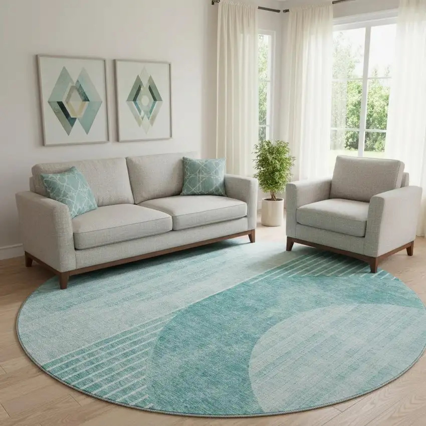 8' Teal And Ivory Geometric Washable Round Rug With UV Protection Photo 1