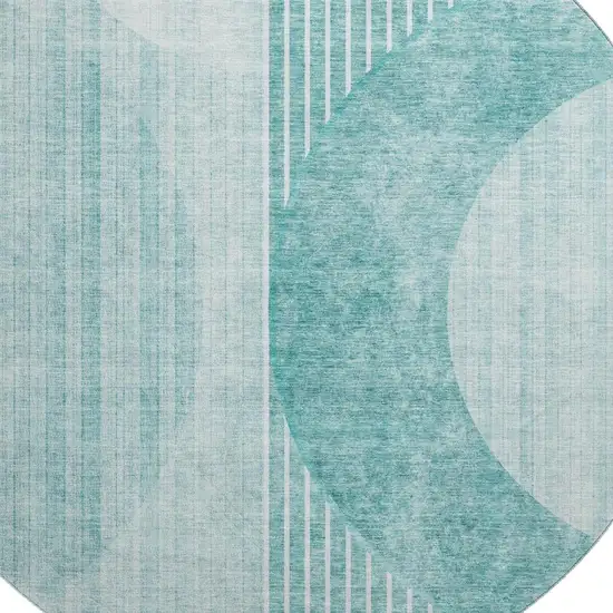 8' Teal And Ivory Geometric Washable Round Rug With UV Protection Photo 4