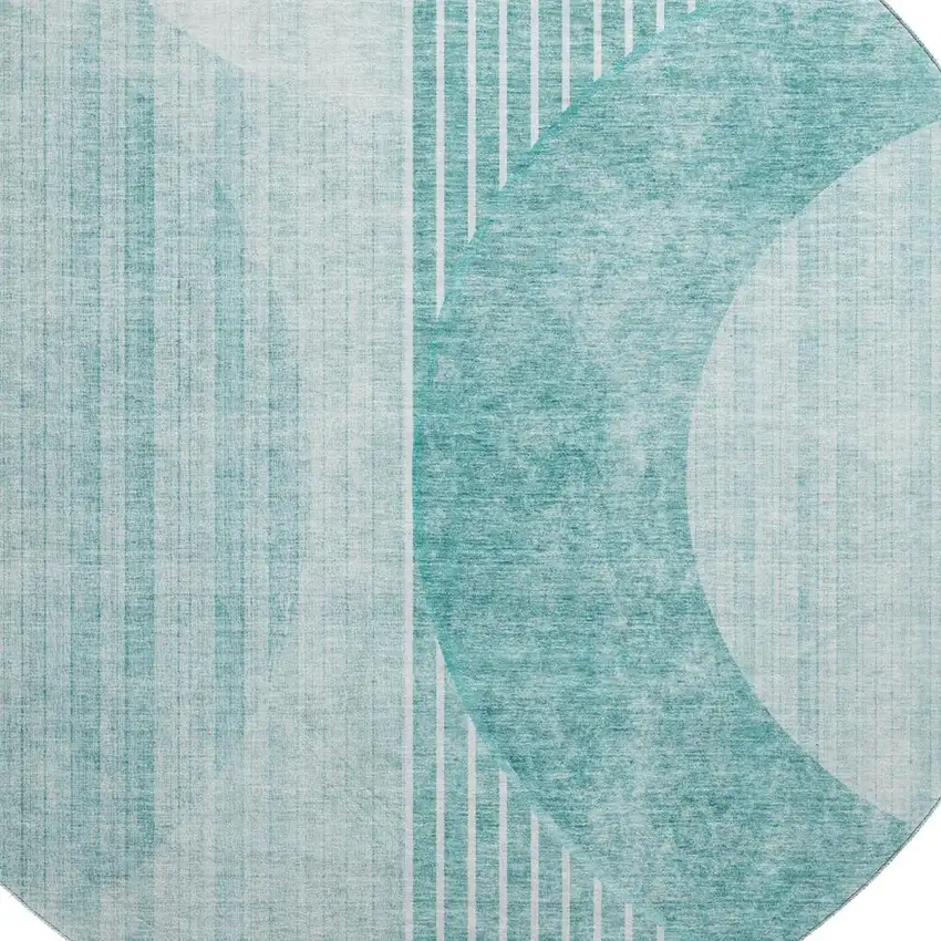 8' Teal And Ivory Geometric Washable Round Rug With UV Protection Photo 4