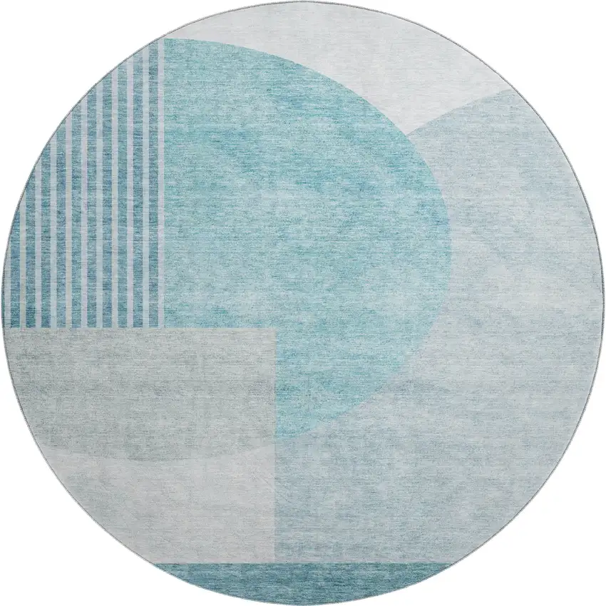 8' Teal And Ivory Geometric Washable Round Rug With UV Protection Photo 6