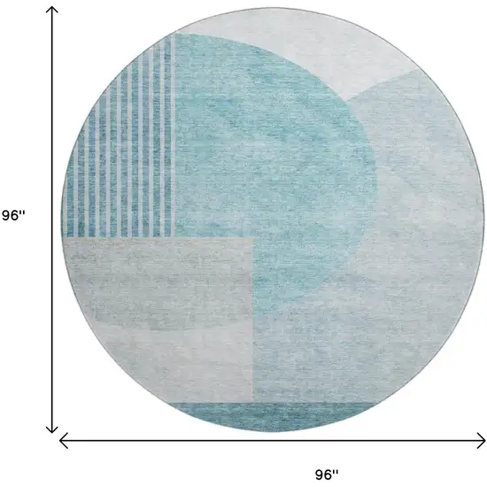 8' Teal And Ivory Geometric Washable Round Rug With UV Protection Photo 5