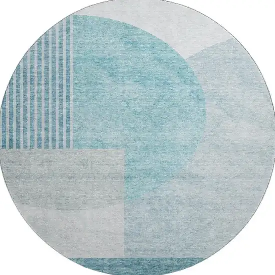 8' Teal And Ivory Geometric Washable Round Rug With UV Protection Photo 1