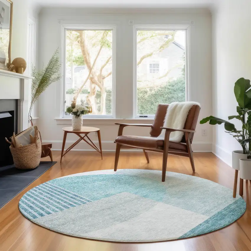 8' Teal And Ivory Geometric Washable Round Rug With UV Protection Photo 4