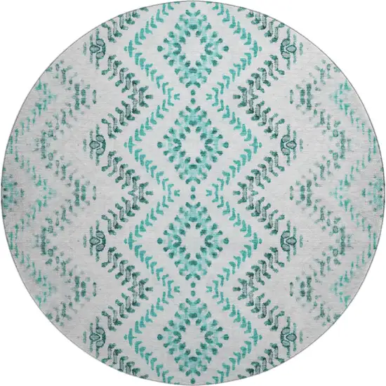 8' Teal And Ivory Geometric Washable Round Rug With UV Protection Photo 1
