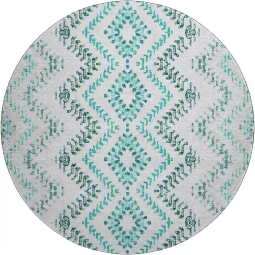 8' Teal And Ivory Geometric Washable Round Rug With UV Protection Photo 1