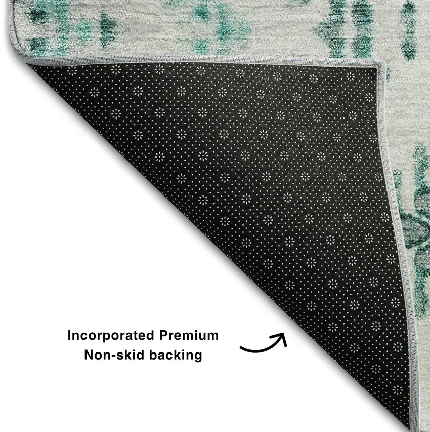 8' Teal And Ivory Geometric Washable Round Rug With UV Protection Photo 7