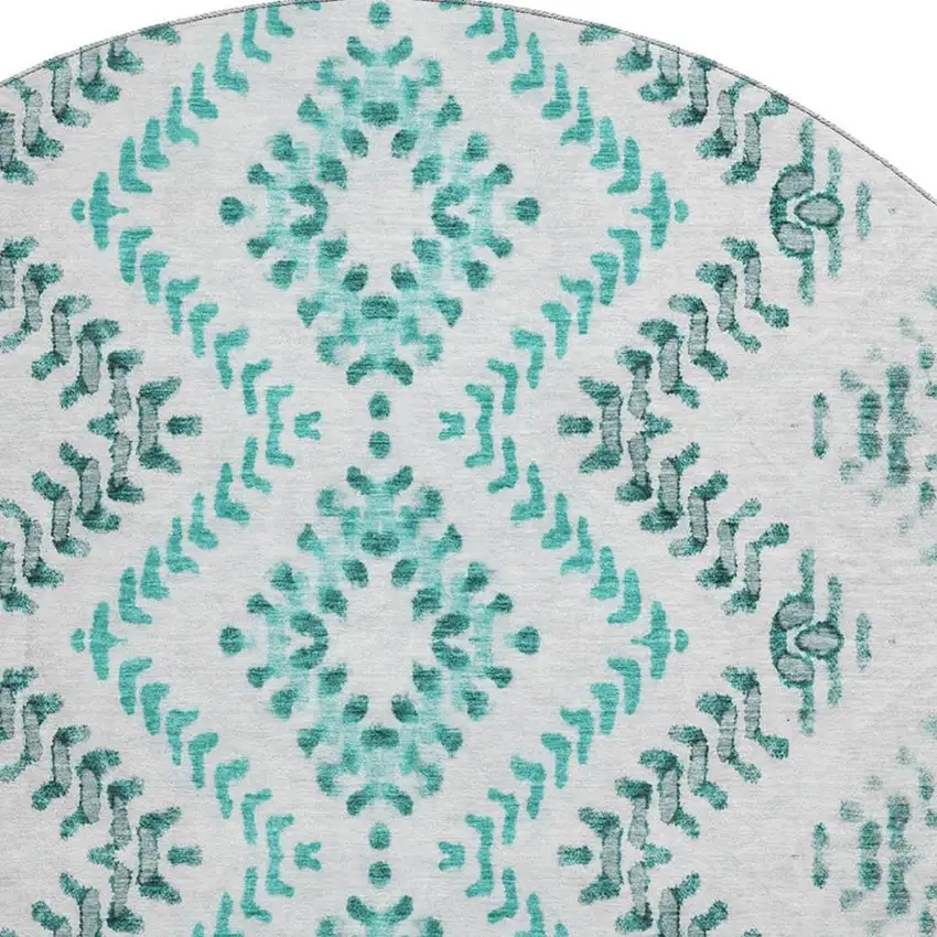 8' Teal And Ivory Geometric Washable Round Rug With UV Protection Photo 3