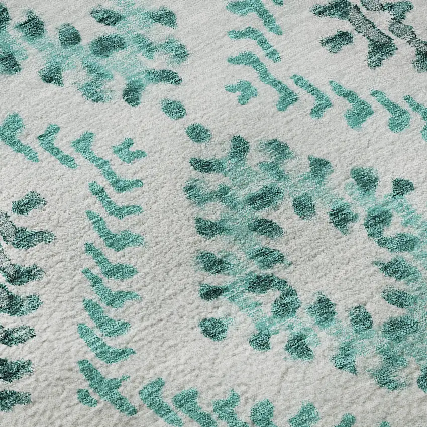 8' Teal And Ivory Geometric Washable Round Rug With UV Protection Photo 8