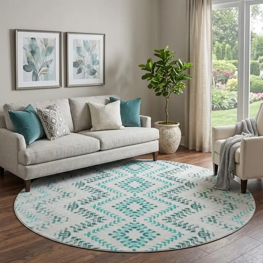 8' Teal And Ivory Geometric Washable Round Rug With UV Protection Photo 1