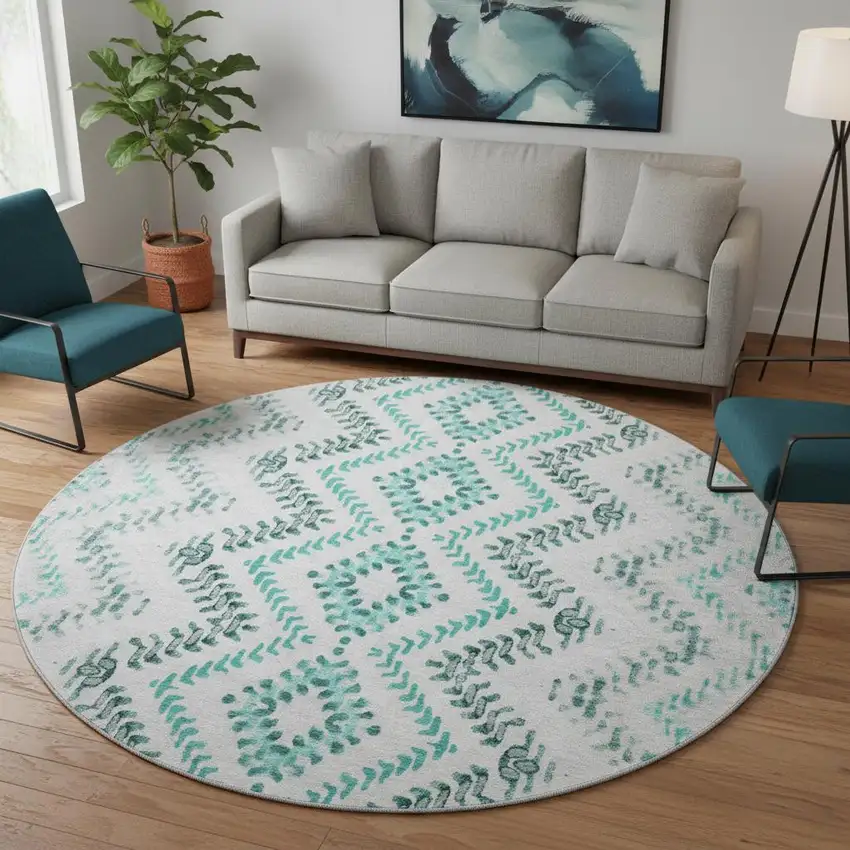 8' Teal And Ivory Geometric Washable Round Rug With UV Protection Photo 2