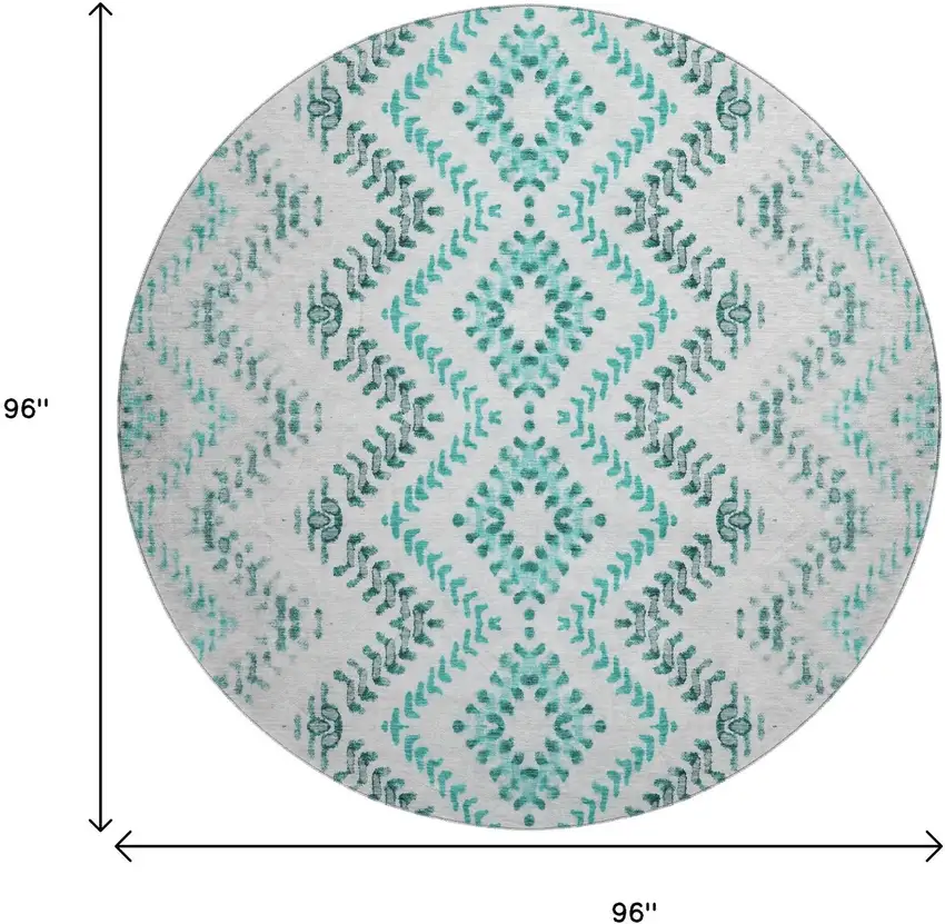 8' Teal And Ivory Geometric Washable Round Rug With UV Protection Photo 6