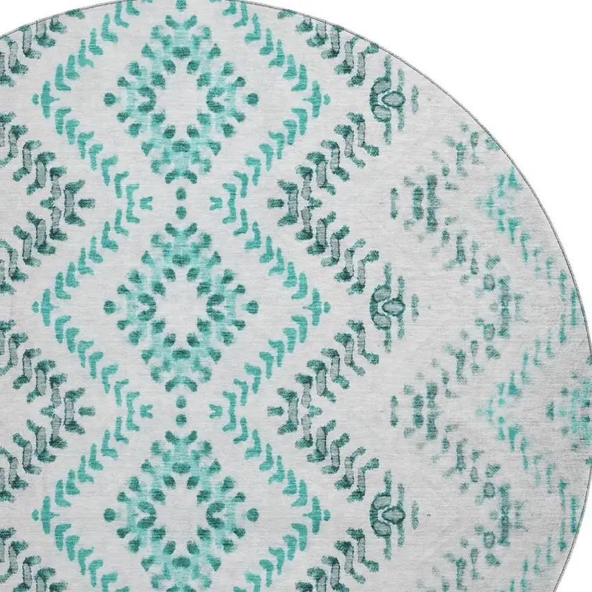 8' Teal And Ivory Geometric Washable Round Rug With UV Protection Photo 4