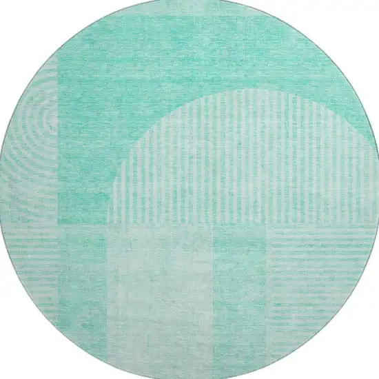 8' Teal And Ivory Geometric Washable Round Rug With UV Protection Photo 3