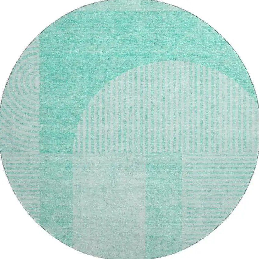 8' Teal And Ivory Geometric Washable Round Rug With UV Protection Photo 3