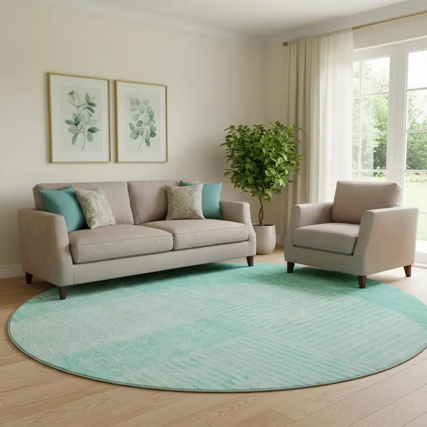 8' Teal And Ivory Geometric Washable Round Rug With UV Protection Photo 1