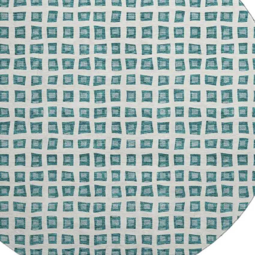 8' Teal And Ivory Geometric Washable Round Rug With UV Protection Photo 3