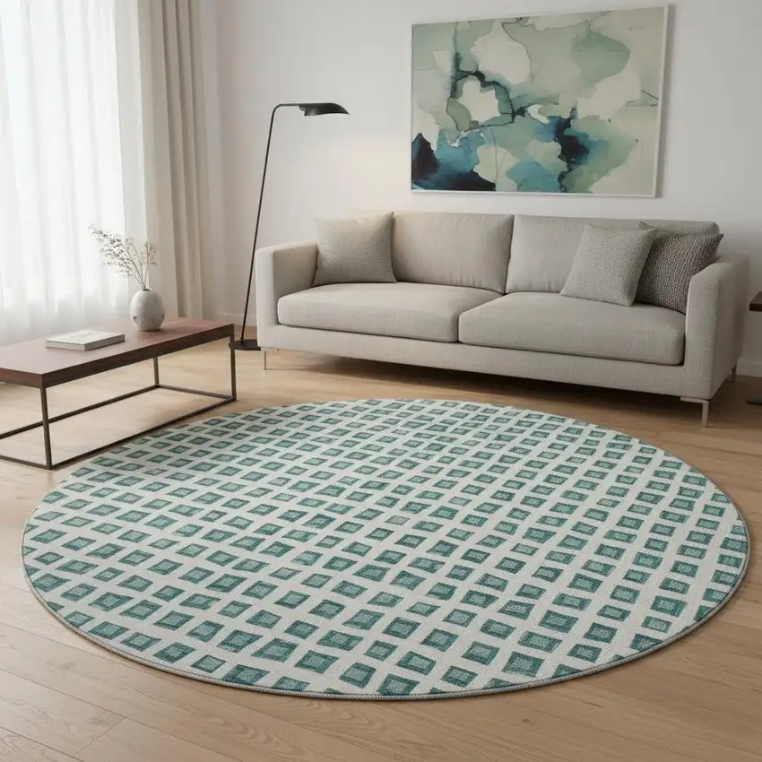 8' Teal And Ivory Geometric Washable Round Rug With UV Protection Photo 2