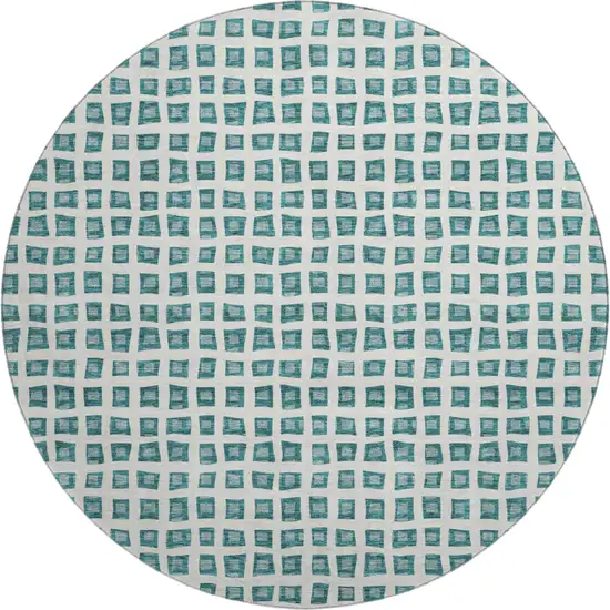 8' Teal And Ivory Geometric Washable Round Rug With UV Protection Photo 1