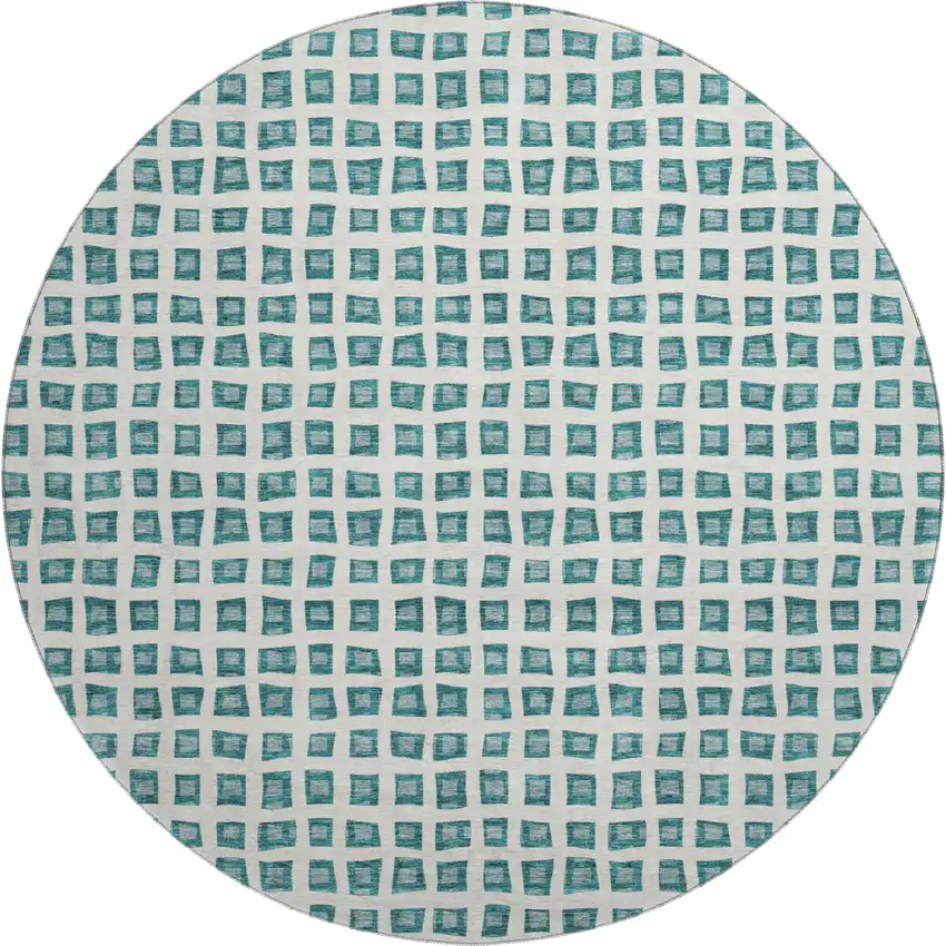 8' Teal And Ivory Geometric Washable Round Rug With UV Protection Photo 1
